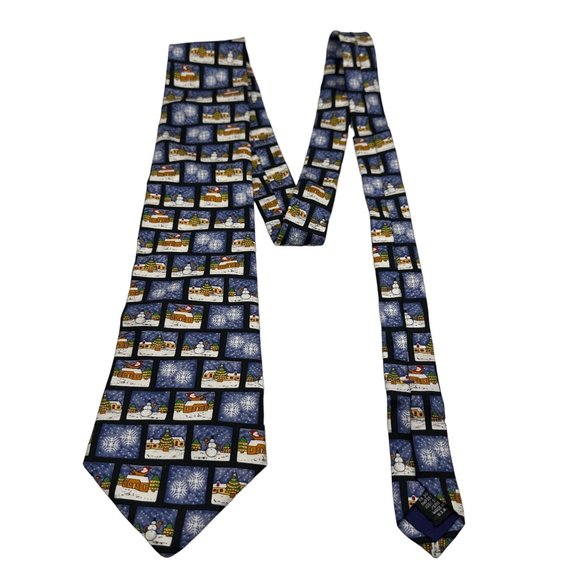 Save The Children Neck Tie Mens 100% Silk Blue Scenes Of Christmas Holiday Snow - Picture 2 of 8